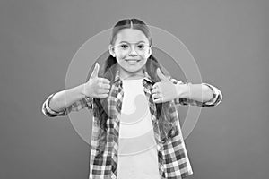 Right choice. Recommendations and advice. Girl cute child show thumbs up gesture. Kid show thumbs up. Girl happy fond of