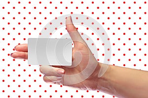 Right Female Hand Hold Blank White Card Mock-up. SIM Cellular Pl