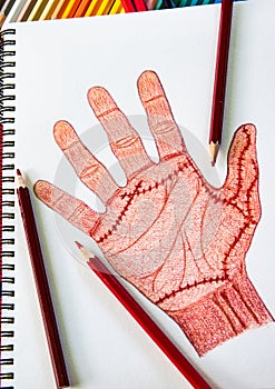 Hand drawn right hand with wound suture with wooden color pencils on white paper background,Halloween concept.
