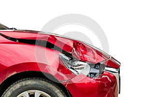 Right front of red modern car got damaged by accident. Isolated on white background. For advertising of insurance or car repair