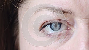 The right gray eye of a middle aged woman. Close up All the imperfections of aging skin are visible. Premenopause