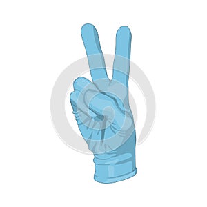 Right hand in a blue glove.two fingers.sign peace and victory