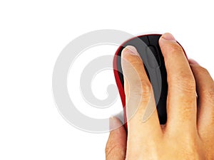 Right hand clicking black red mouse, white background isolated