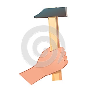 Right hand with conventional universal hammer for different types of work. Object isolated on white background. Funny