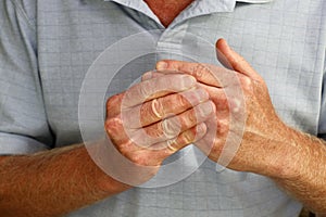 Right Hand Fingers Adult White Man Massaging His Left Fingers Closeup