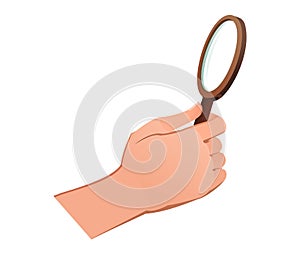 Right hand with glass magnifier for magnifying small objects. Object isolated on white background. Funny cartoon style