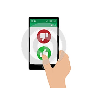 Right hand holding mobile phone and pressing Yes button. Vector illustration. App window. Green and red thumbs up and down buttons
