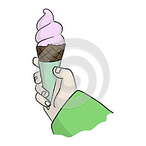 Right hand holding strawberry ice-cream cone vector illustration sketch doodle hand drawn isolated on white background