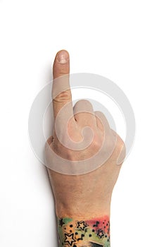 Right hand index finger shows number one - human hand gesture isolated on white background with copyspace