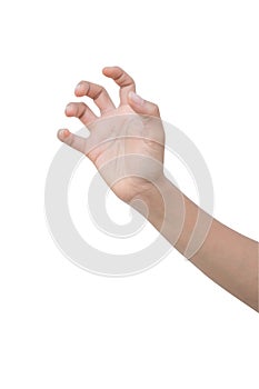 Right hand of a man trying to reach or grab something. fling, touch sign. Reaching out to the left. isolated on white background