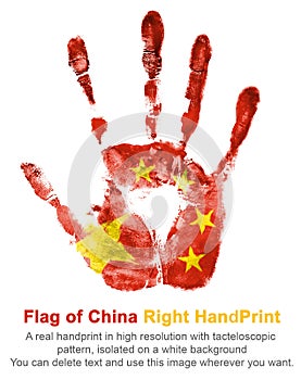 Right hand print of China flag color. The imprint of national colors red and yellow on white background