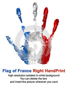 Right hand print in French flag color isolated on white background. Symbol of France and national holidays