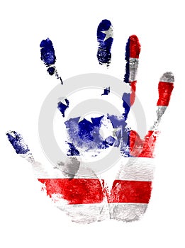 Right hand print in USA flag colors on white isolated background.