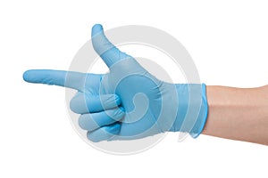 Right hand wearing latex surgical glove with gesture number two on wite background