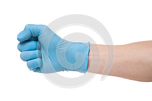 Right hand wearing latex surgical glove with gesture number zero on wite background