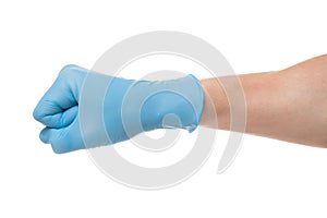 Right hand wearing latex surgical glove with gesture number zero on wite background