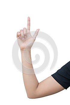 Right hand a woman show forefinger, index finger and thumb action in correct, pointing, shoot sign. isolated on white background