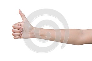 Right hand a woman show the good/like, commend sign. isolated on white background