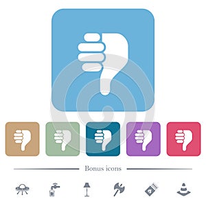 Right handed thumbs down solid flat icons on color rounded square backgrounds