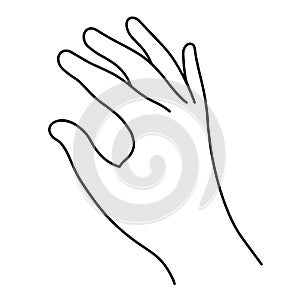 The right human hand is waving. Hand drawn vector icon isolated on white background. Gesture of greeting, farewell, palm raised up