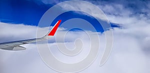 Right jet plane wing over the cloudy sky