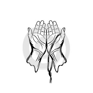 right and left hand gestures looking up with prayer beads in Islam black and white vector illustration