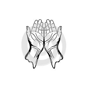 right and left hand gestures looking up in prayer in Islam black and white vector illustration