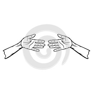 right and left inner open palms face to face line art vector illustration