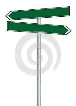 Right and left road route direction pointer this way sign, green isolated roadside signage, white traffic arrow frame roadsign