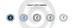 Right loop arrow icon in different style vector illustration. two colored and black right loop arrow vector icons designed in