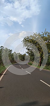 Right the Road and Blue Sky and Cloud and Tree.