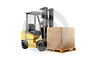 Right side view of Forklift carrying a pallet of cardboard boxes Isolated on transparent background