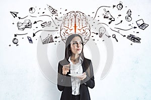 Right solution concept with satisfied businesswoman with coffee mug and handwriting on light wall sketch of brain and business