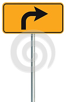 Right turn ahead route road sign, yellow isolated roadside traffic signage, this way only direction pointer, black arrow roadsign