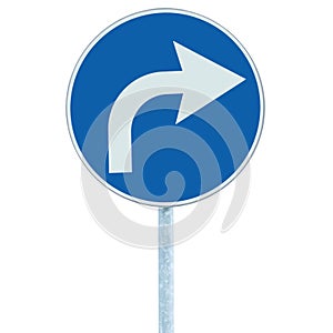 Right turn ahead sign, blue round isolated roadside traffic signage, white arrow icon and frame roadsign, grey pole post photo