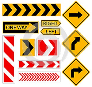 Right turn. Road sign with arrow. Set of vector illustrations.