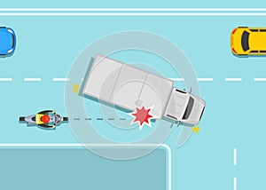 Right turn truck and motorcycle collision. Changing lane heavy vehicle and moto accident.