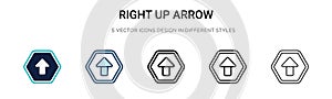 Right up arrow icon in filled, thin line, outline and stroke style. Vector illustration of two colored and black right up arrow