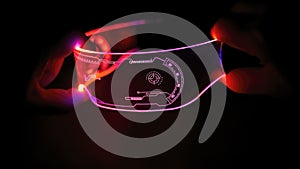 Right view of eyeware goggles colorful neon light, futuristic digital innovation concept, glow in dark background, cyber device,