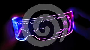 Right view of eyeware goggles colorful neon light, futuristic digital innovation concept, glow in dark background, cyber device,