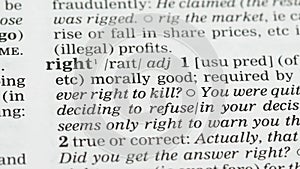 Right word in english dictionary, morally correct doing, people democracy usage