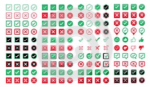 Green check mark and red cross icon Set of simple icons in flat style.