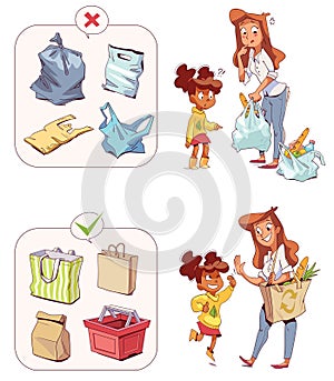 Right and wrong choices for shopping bags. Plastic bag or eco bag. Mom and daughter are shopping