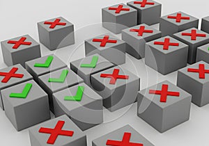 Right wrong decision making concept with cubes showing check mark and cross mark for business choice 3d