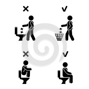 Right and wrong man people position in closet. Posture stick figure. Vector illustration of posing person icon symbol sign.