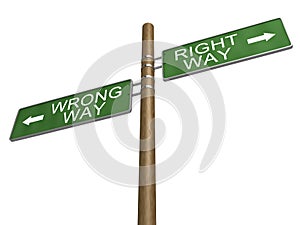 Right Wrong Way Green Road Sign on Wooden Pole