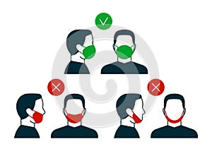 Right and wrong way to wear face mask, anfas and profile man icon. Correct and mistakes use wearing mask. Face mask for protection