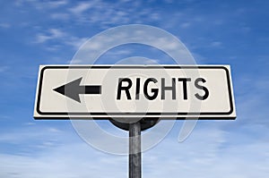 Rights white road sign with arrow, arrow on blue sky background