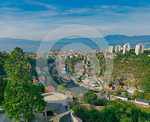 Rijeka old principal seaport aerial panoramic view