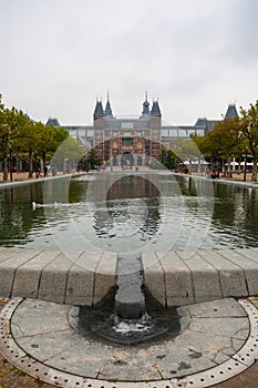 Rijksmuseum facade park and pool vertical view